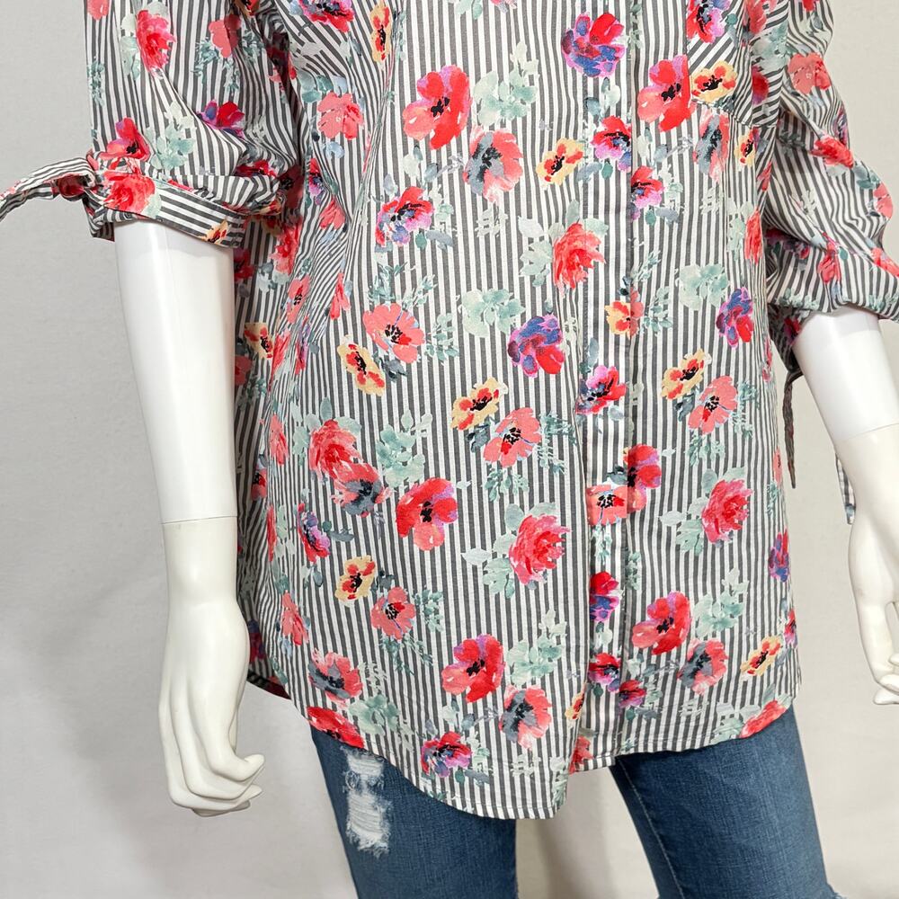 Sanctuary Button Down Shirt Womens Medium Pink Gray Striped Floral Tunic Blouse - Picture 9 of 14